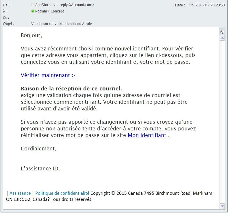 Exemplaire du courriel de tentative d'hameçonnage personnifiant l'App Store.